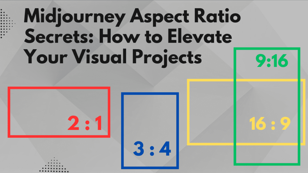 A graphic illustration demonstrating various aspect ratios: 2:1 in red, 3:4 in blue, 9:16 in green, and 16:9 in yellow, set against a grey background with text 'Midjourney Aspect Ratio Secrets: How to Elevate Your Visual Projects'.