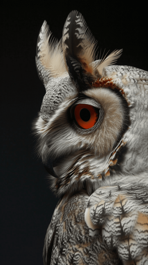 Close-up portrait of an owl with striking orange eyes against a dark background.