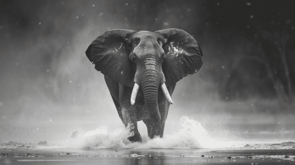 Monochrome image of an elephant charging through water, creating dynamic splashes.