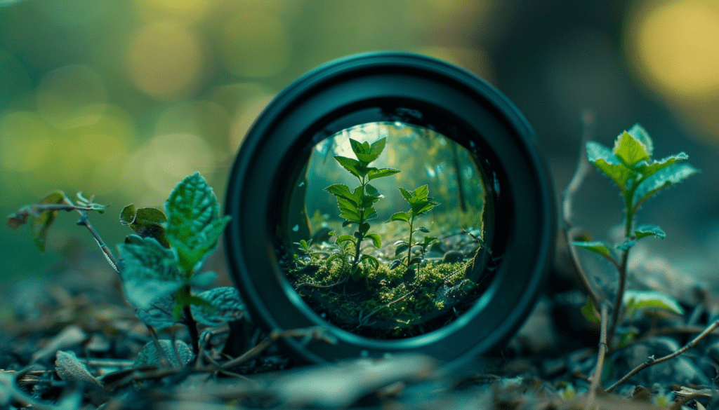 Close-up of a camera lens reflecting a vibrant green plant, symbolizing a unique viewpoint in nature photography.