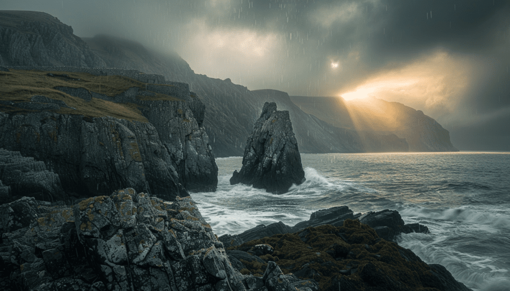 Dynamic camera settings for landscape photography capture a stormy coastal scene with dramatic sunlight.