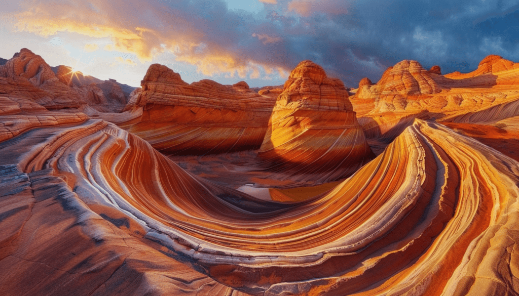 Vivid sunrise over multicolored rock formations in a desert landscape.