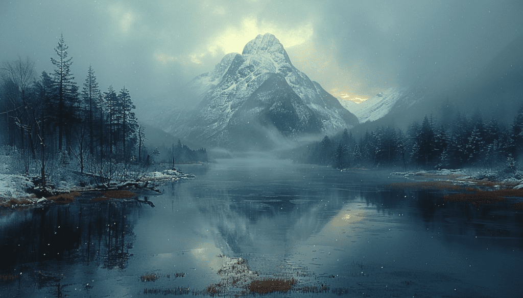 A tranquil mountain scene reflected in a calm lake during a misty twilight.