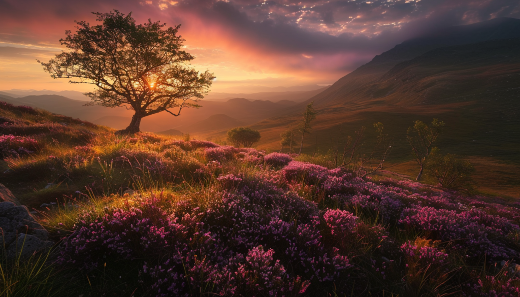 Sunrise cresting over a lone tree amid a field of heather, showcasing the golden hour's impact in landscape photography.