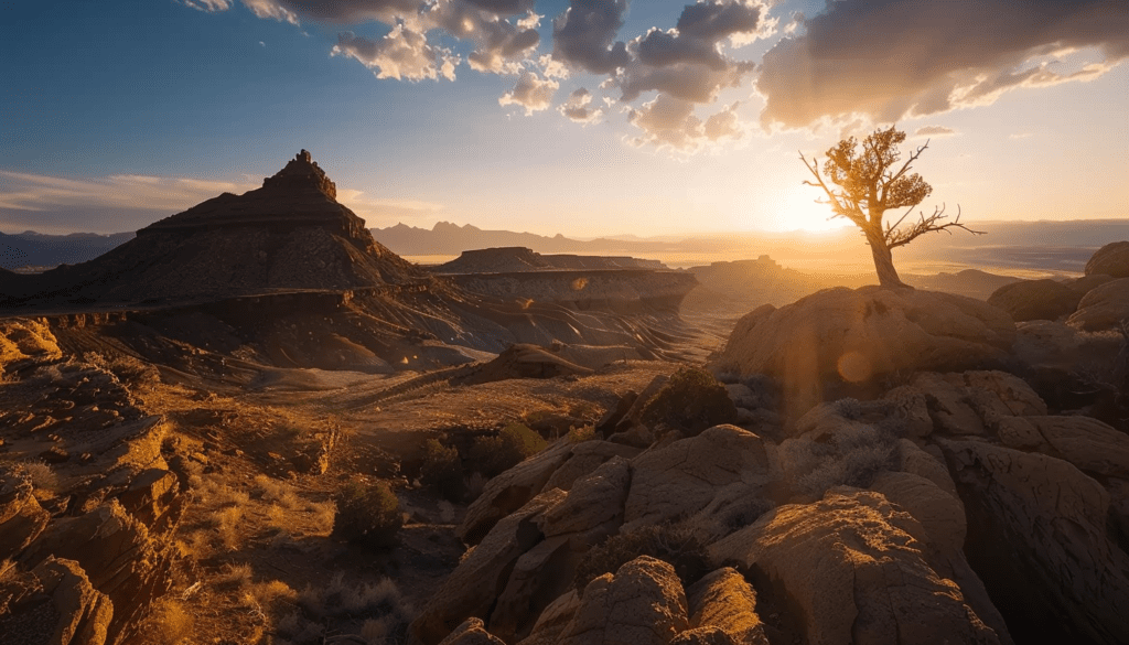 Camera settings for landscape photography capture a radiant sunrise over a desert landscape.