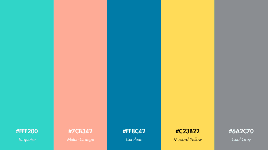 Bird of Paradise Tropical Color Palette, a harmonious mix from Turquoise (#FFF200) to Cool Grey (#6A2C70).