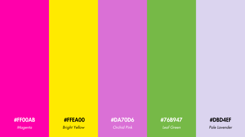 Floral Explosion Tropical Color Palette with vivid shades from Magenta (#FF00AB) to Pale Lavender (#DBD4EF).