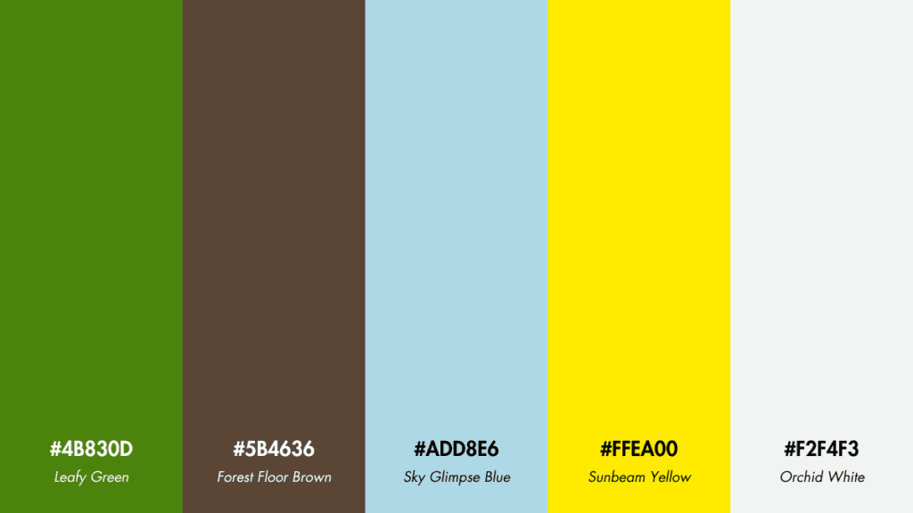 Rainforest Canopy Tropical Color Palette, a spectrum from leafy green (#4B830D) to orchid white (#F2F4F3).