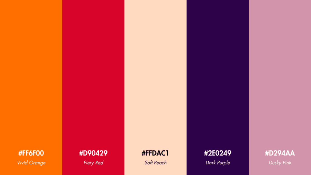 Sunset Glow Tropical Color Palette showcasing warm tones from Vivid Orange (#FF6F00) to Dusky Pink (#D294AA).