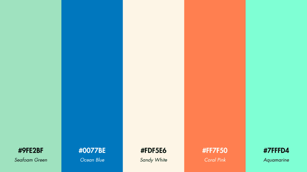 Tropical Waters Color Palette, from the refreshing seafoam green (#9FE2BF) to the clear aquamarine (#7FFFD4).