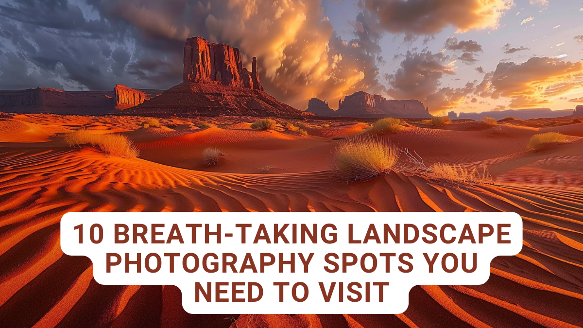 Sunset casting golden hues over the dunes and rock formations in Monument Valley, one of the top landscape photography spots.