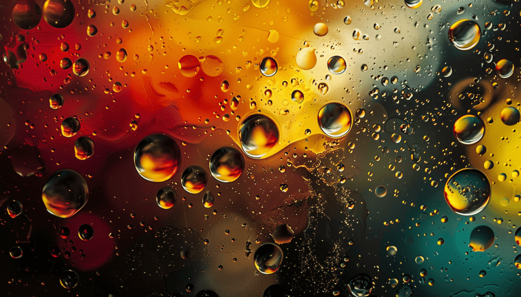 Abstract macro image of oil droplets in water forming vibrant, swirling patterns illuminated by multicolored lights.