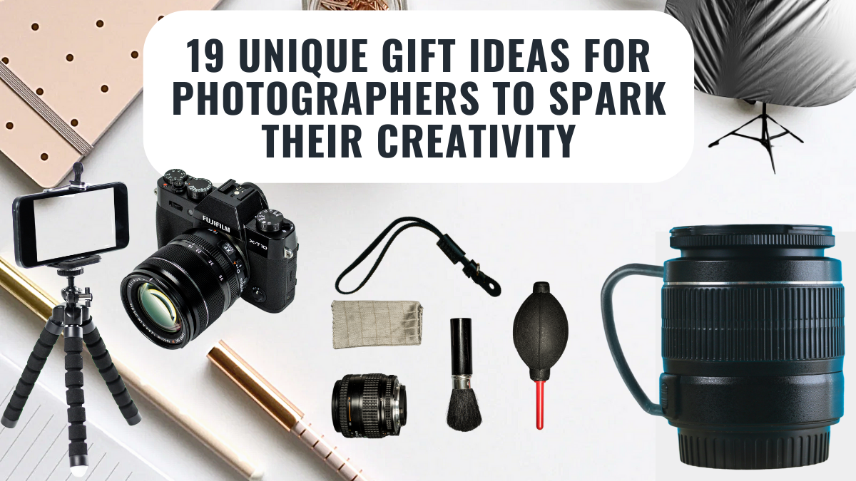 Collage of photography gifts including a camera on a tripod, camera lens mug, lens cleaning tools, camera strap, and a photography softbox, highlighting creative gift ideas for photographers.