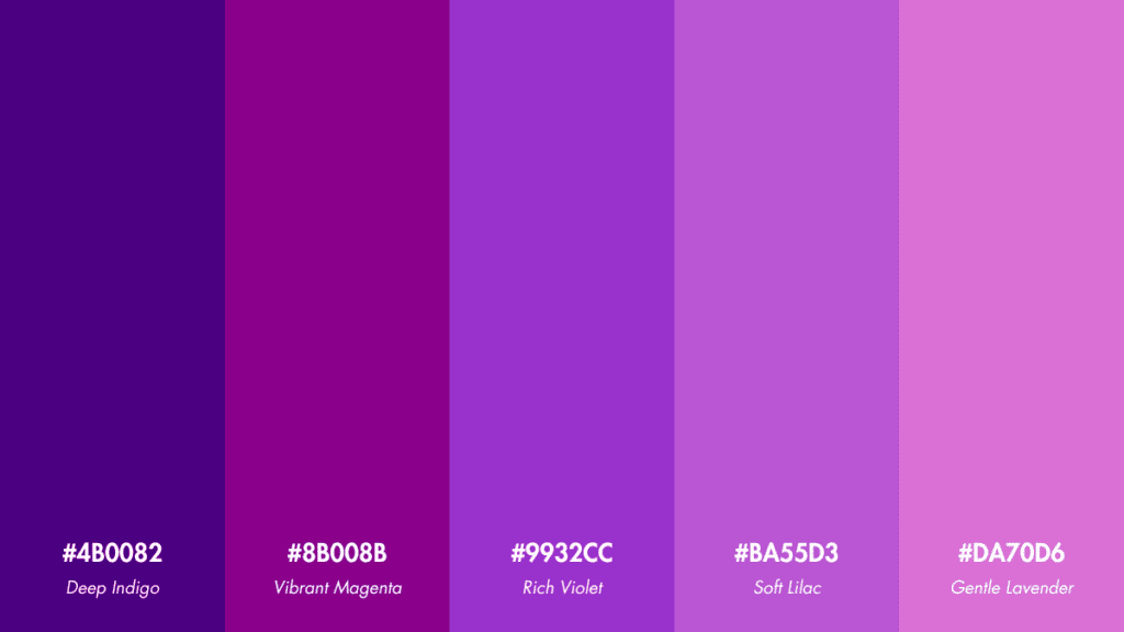 Color palette featuring Deep Indigo, Vibrant Magenta, Rich Violet, Soft Lilac, and Gentle Lavender.