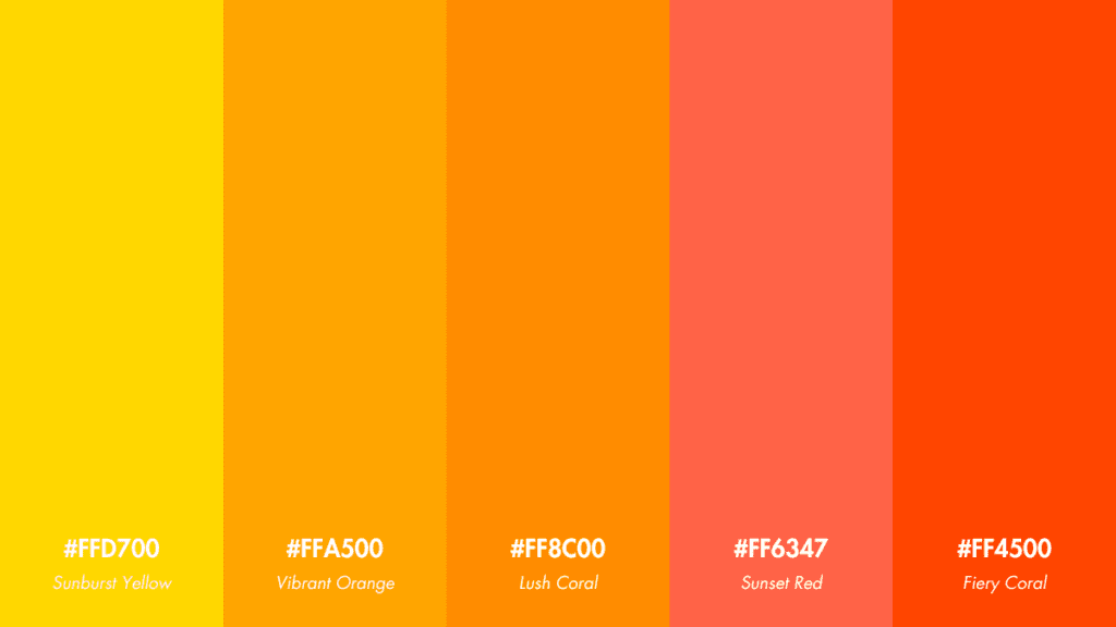 Sunset color palette featuring Sunburst Yellow, Vibrant Orange, Lush Coral, Sunset Red, and Fiery Coral.