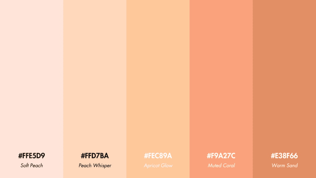 Sunset color palette featuring Soft Peach, Peach Whisper, Apricot Glow, Muted Coral, and Warm Sand.