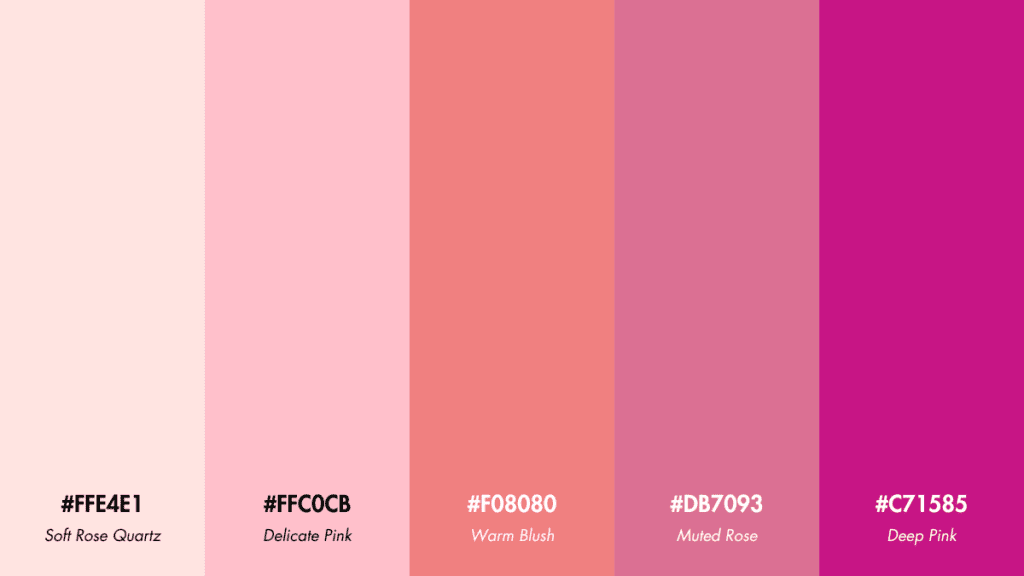 Color palette featuring Soft Rose Quartz, Delicate Pink, Warm Blush, Muted Rose, and Deep Pink.