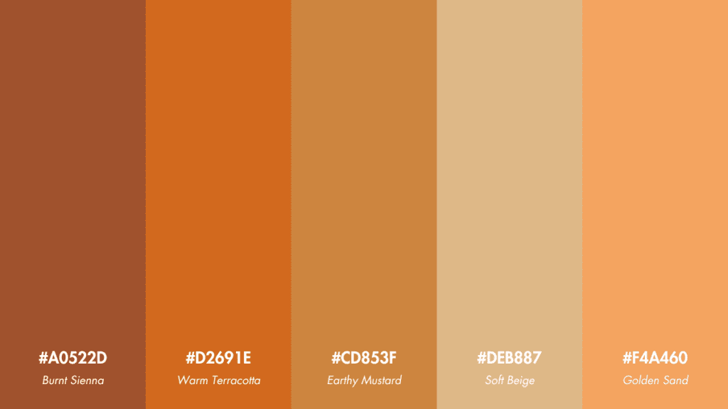 Color palette featuring Burnt Sienna, Warm Terracotta, Earthy Mustard, Soft Beige, and Golden Sand.