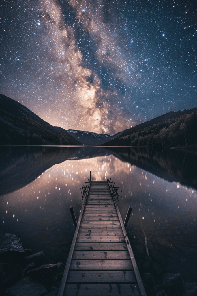 A stunning view of the Milky Way galaxy arching over a calm lake with a wooden dock extending into the water.