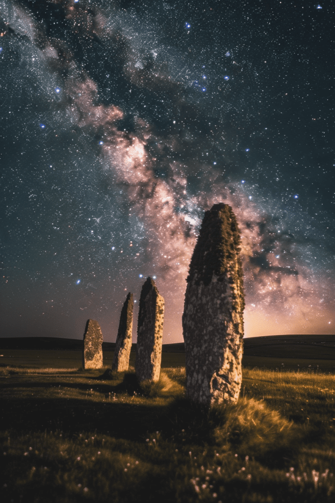 A dramatic image of the Milky Way in the night sky over ancient standing stones in a grassy field.