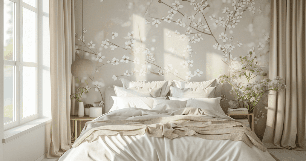 A serene bedroom with subtle and soft floral wallpaper featuring delicate white flowers on a light background, creating a calming atmosphere.