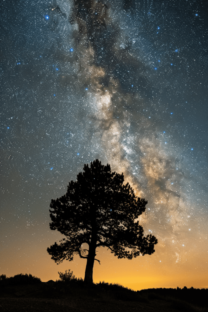 A silhouette of a lone tree against a backdrop of the Milky Way in a clear night sky.