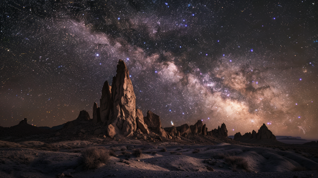 A stunning view of the Milky Way galaxy stretching across the night sky above jagged desert rock formations.