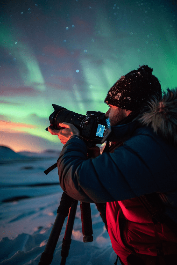 Close-up of a photographer adjusting manual settings on a camera under the Northern Lights.